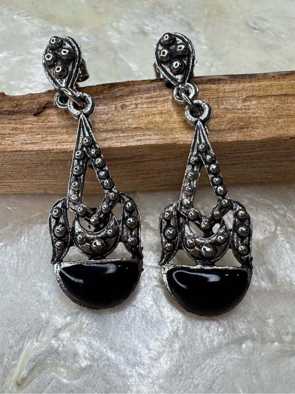 Vtg Black Gemstone Silver Drop Dangle Earrings Boho Whimsigoth Gothic Tribal